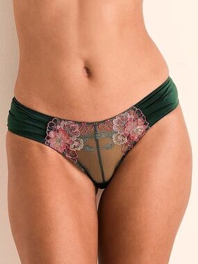 Adore Me Floral Embroidered Sheer Brazilian Brief Panty Green Pink NWT Small